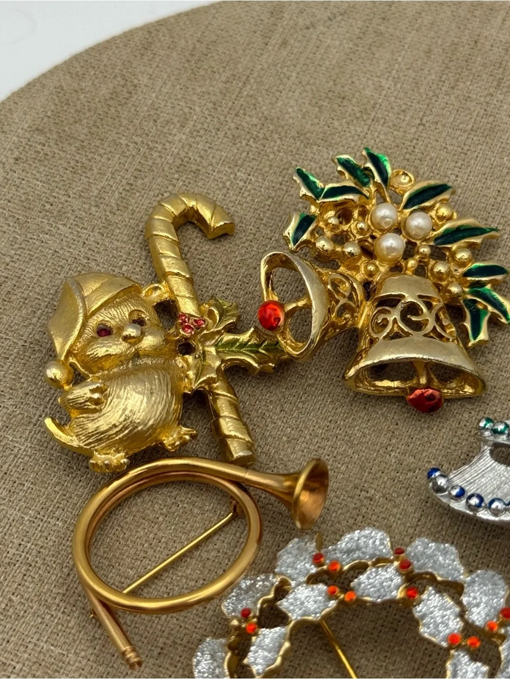 Vintage Christmas Brooch Lot - Gold, Silver, Green, Red Accents